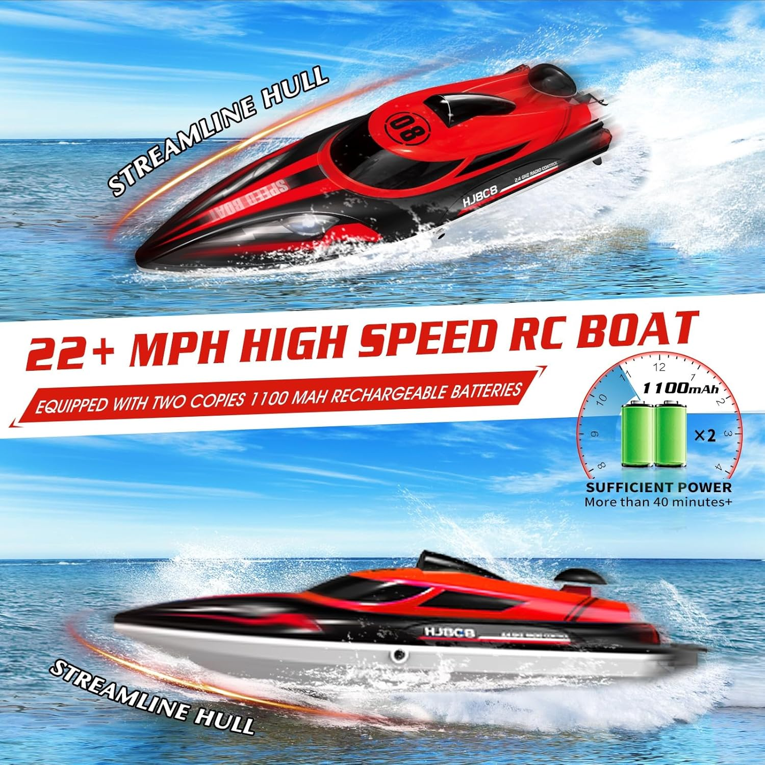 OSWIN RC Boat - HJ808 with 2 Rechargeable Battery, 20+ MPH Fast Remote Control Boat for Pool & Lake, RC Speed Boat 2.4Ghz Race Boats for Adults & Kid, Outdoor Water Toys(Red)