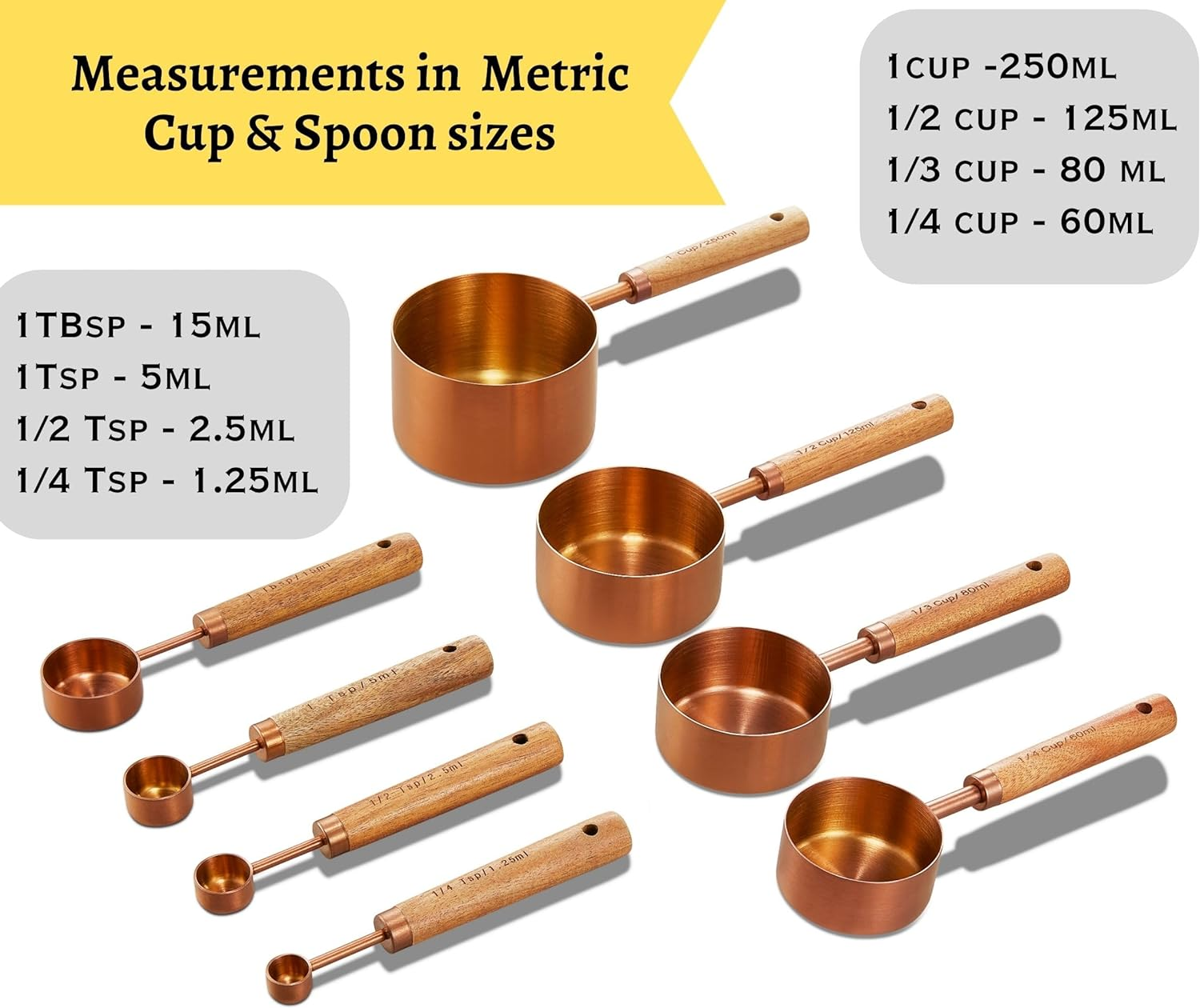 Copper Stainless Steel Measuring Cups and Spoons Set of 8, Wooden Handle with US Measurements, Metric Cups and Spoons for Cooking and Baking image number 4