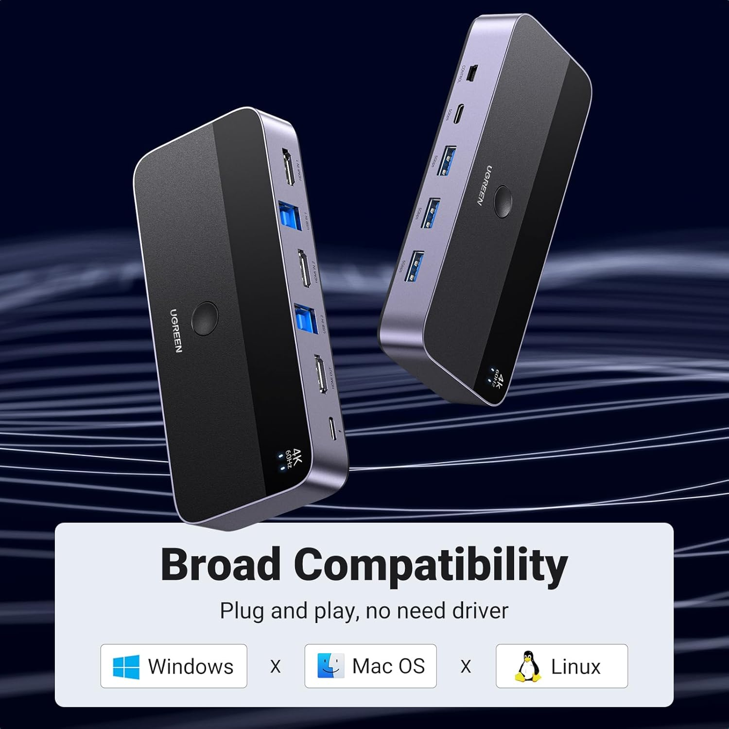 UGREEN USB 3.0 KVM HDMI Switch 4K@60Hz High-Speed Transmission Share 3 USB + 1 Type-C Ports for Keyboard Mouse Hard Drives Printer to One Monitor with 2 USB Cables and 2 HDMI Cables image number 4