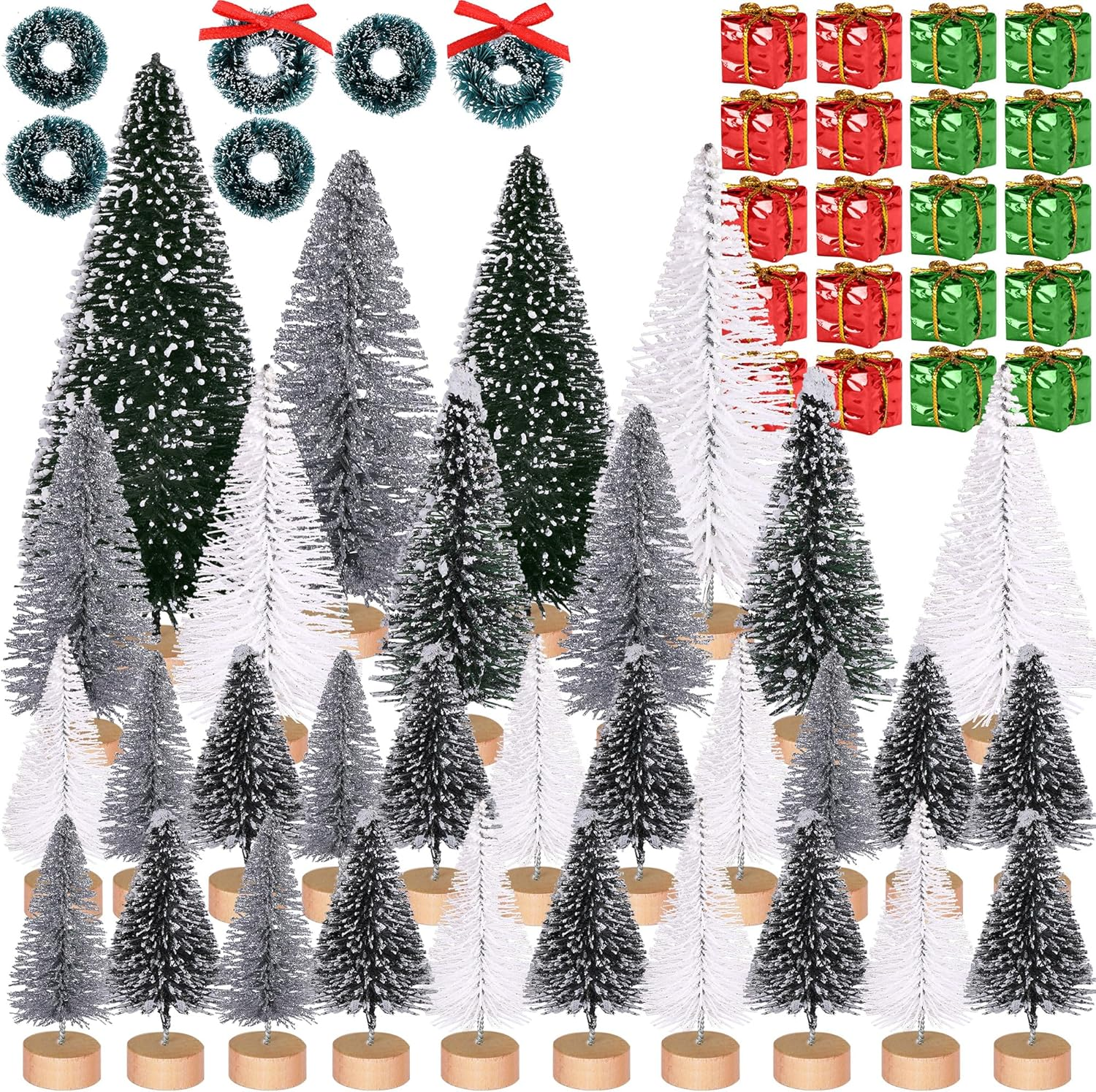 Iceyyyy 56 Pcs Artificial Mini Christmas Trees Set - Miniature Sisal Frosted Christmas Trees Bottle Brush Trees for DIY Crafts Home Table Top Decor