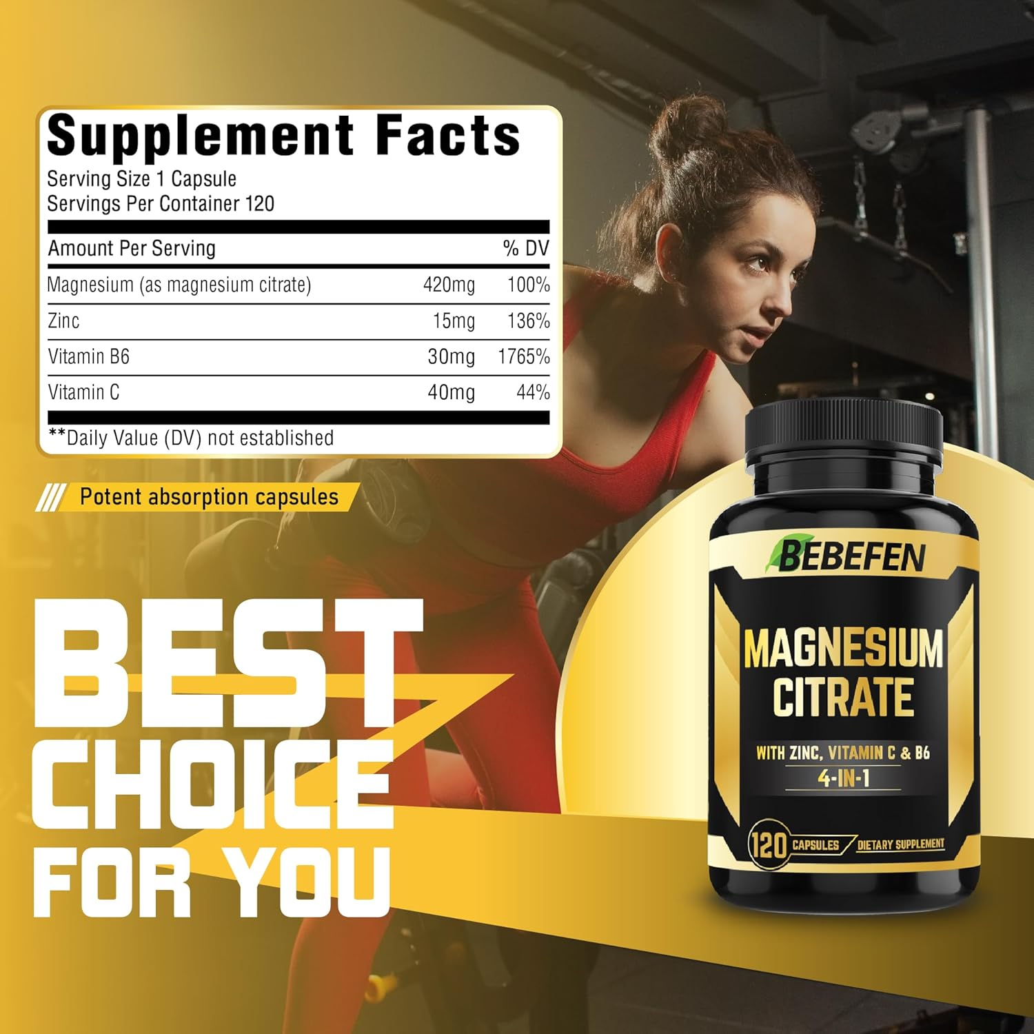 Magnesium Citrate with Zinc, Vitamin C, Vitamin B6-120 Capsules for 4 Month Supply image number 6