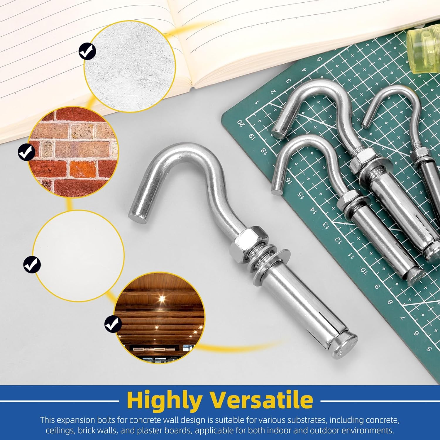 Glarks 6Pcs M10 Expansion Hook Set, 304 Stainless Steel Open Cup Hook Screw, Heavy Duty Concrete Hook, Expansion Screw in Hooks, Concrete Wall Hook for Concrete Brick Stone Ceiling Hanging image number 5