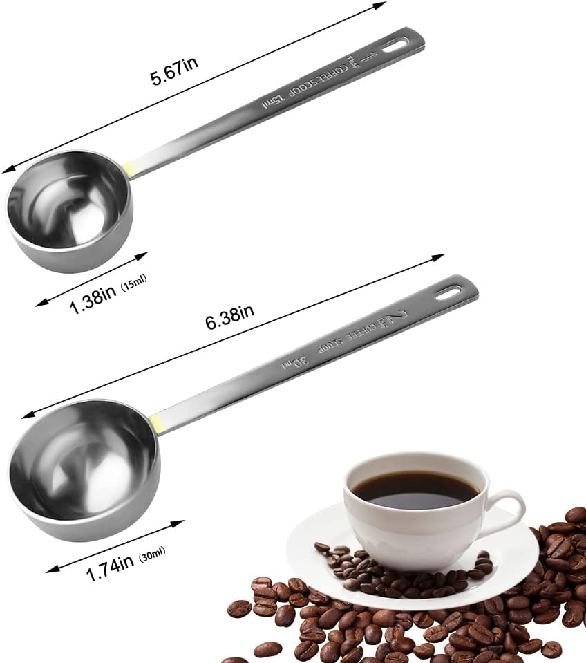 Coffee Scoop, Stainless Steel Coffee Spoons Set, 1 Tablespoon (15Ml) and 2 Tablespoons (30Ml) Measuring Spoon, Tablespoon Measure Spoon for Coffee, Milk Powder, Fruit Powder, 2 Pack (Long)