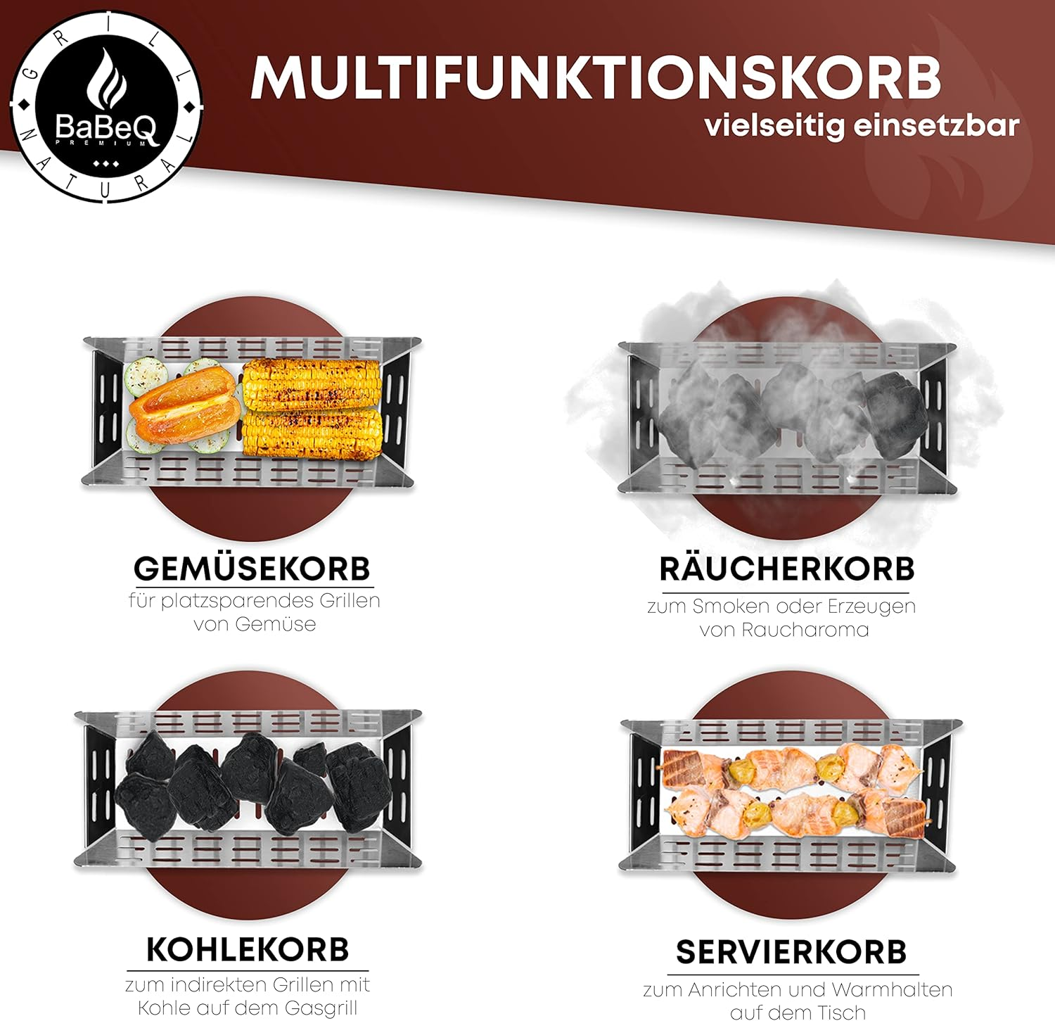 3-In-1 Stainless Steel Grill Basket, Charcoal Basket, Smoking Basket (Square) for Vegetables, Meat, Fish, Coal, Smoking Chips &ndash; Vegetable Basket for Gas Grill, Electric Grill, Charcoal Grill &ndash; image number 5