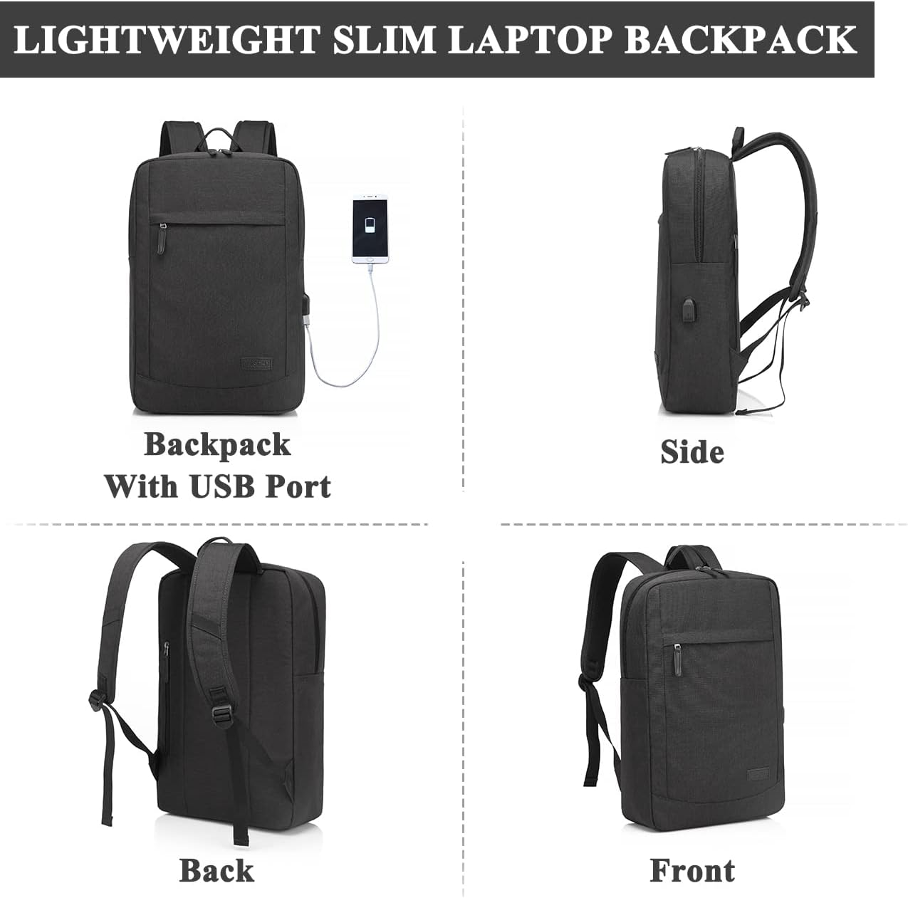 Laptop Backpack for Men Women, VASCHY Lightweight Business Backpack Fits 15.6-17 Inch Laptop College School Computer Bag for Work Travel Rucksack with USB Charging Port Black - Black image number 4