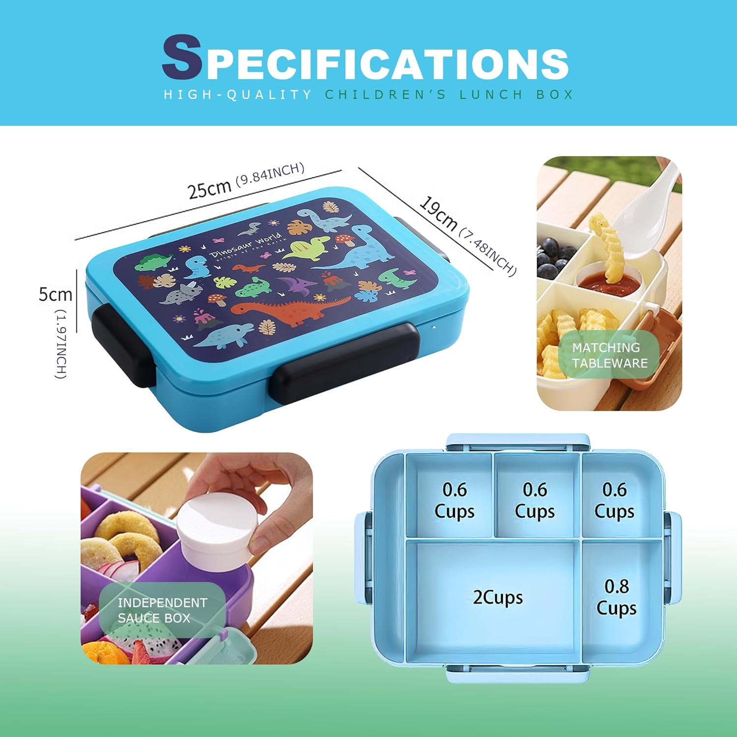 STRONGBERRY Kids Lunch Box, Healthy and Microwave - Safe, Dinosaur Parade, Purple Unicorn, Brown Bear Designs (Blue Dinosaur& Bag) image number 4