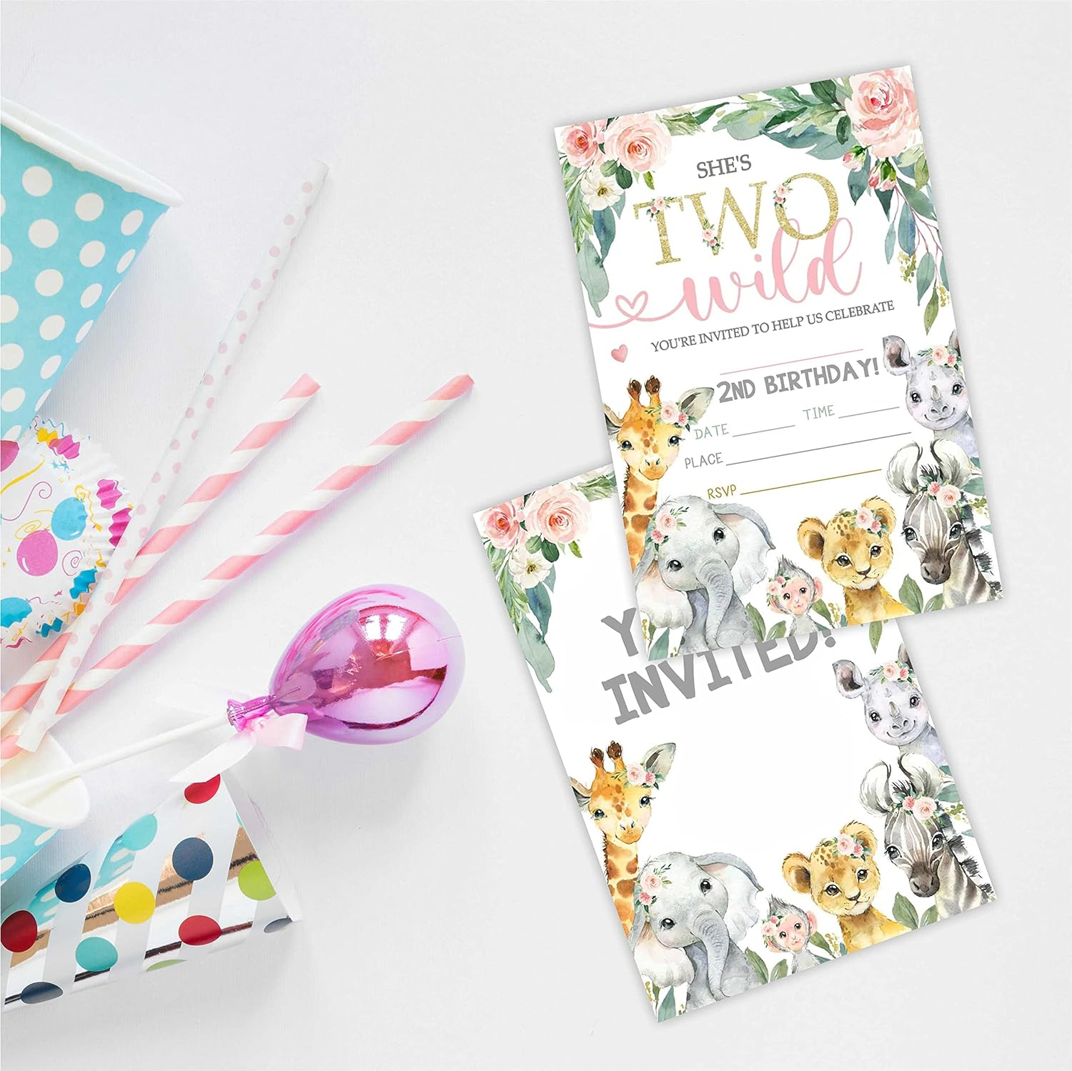 Two Wild Birthday Party Invitation, 2Nd Jungle Animals Invite Cards（20 Count) with Envelopes, Floral Fill in Style Invite Cards for Boys, Girls, Kids, Birthday Party Supplies-A50 - Four Wild image number 5
