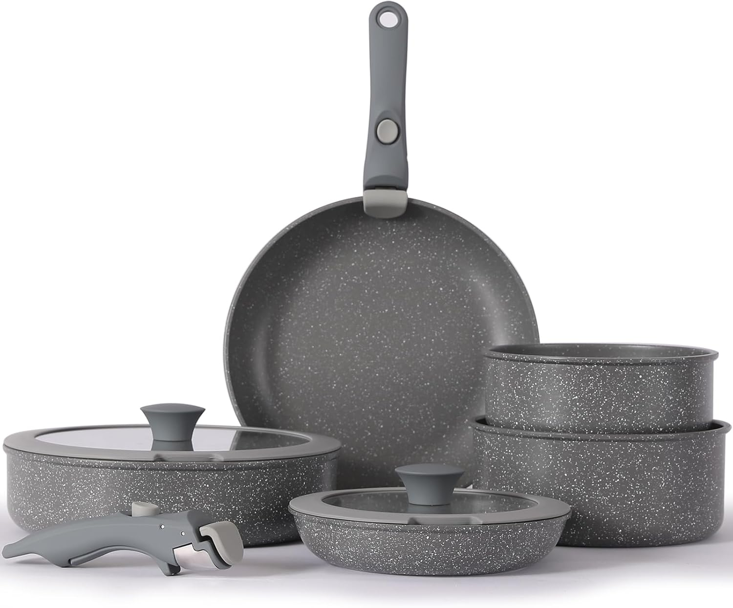 Pot and Pan Set with Removable Handle, Nonstick Cookware Set Detachable Handle, Induction Kitchen Camping Stackable Pots Pans, Dishwasher/Oven Safe, Grey image number 2
