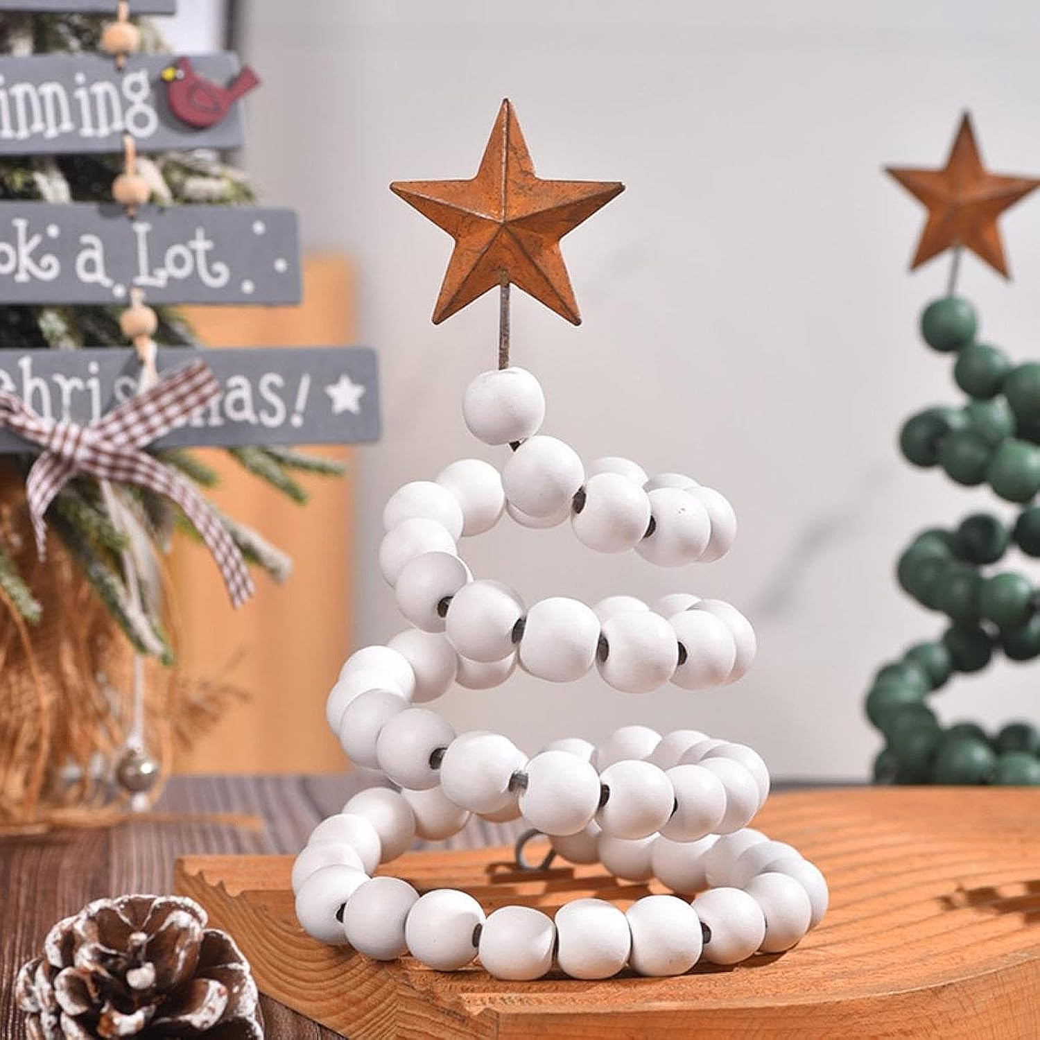 Mini Christmas Tree for Desk, Decorative Wooden Bead Christmas Tree Statue for Party, Star Top Christmas Tree For, White, as Described image number 1