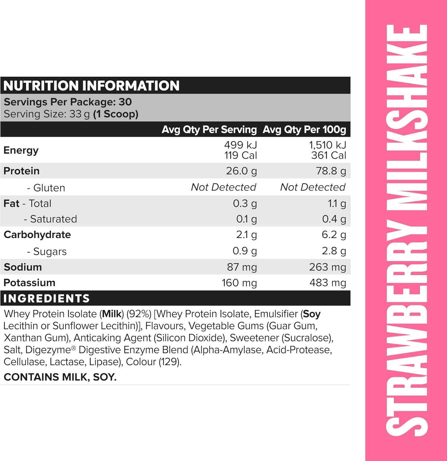 Muscle Nation Strawberry Milkshake &ndash; Whey Protein Isolate with Bcaas, Low Lactose, Gluten Free, Fast Absorbing and Easy to Mix 990G (30 Servings) image number 3