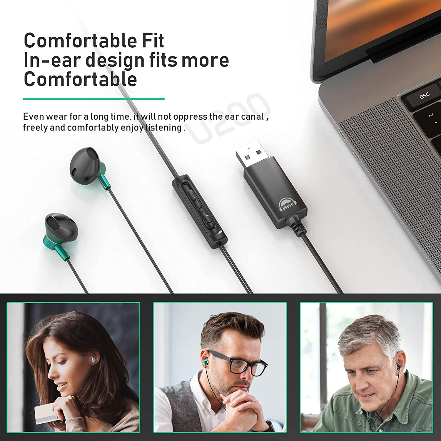 USB Headset with Microphone for PC, OKCSC U200 Wired USB Earbuds Noise Cancelling Lightweight PC Headset for Laptop Desktop Office Live Stream Online Meeting 2 M Green image number 2