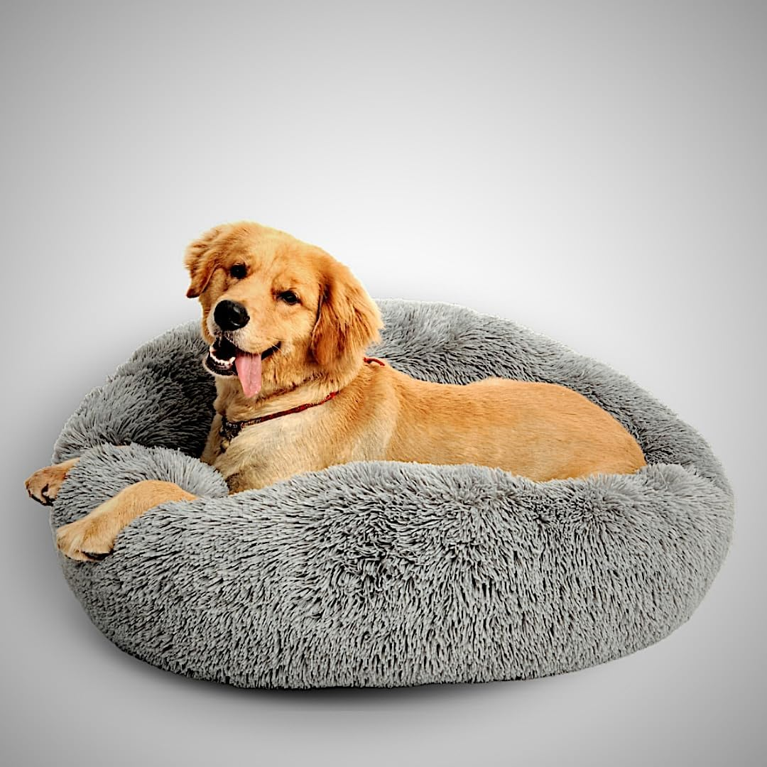 Calming Dog Bed and Cat Bed, Donut Dog Bed Large, Recycled (GRS) Material, Extra Long Plush, Fuller Bolster and Cushion, Anti-Slip Bottom, Machine Washable Dog Bed [Large/Gy]