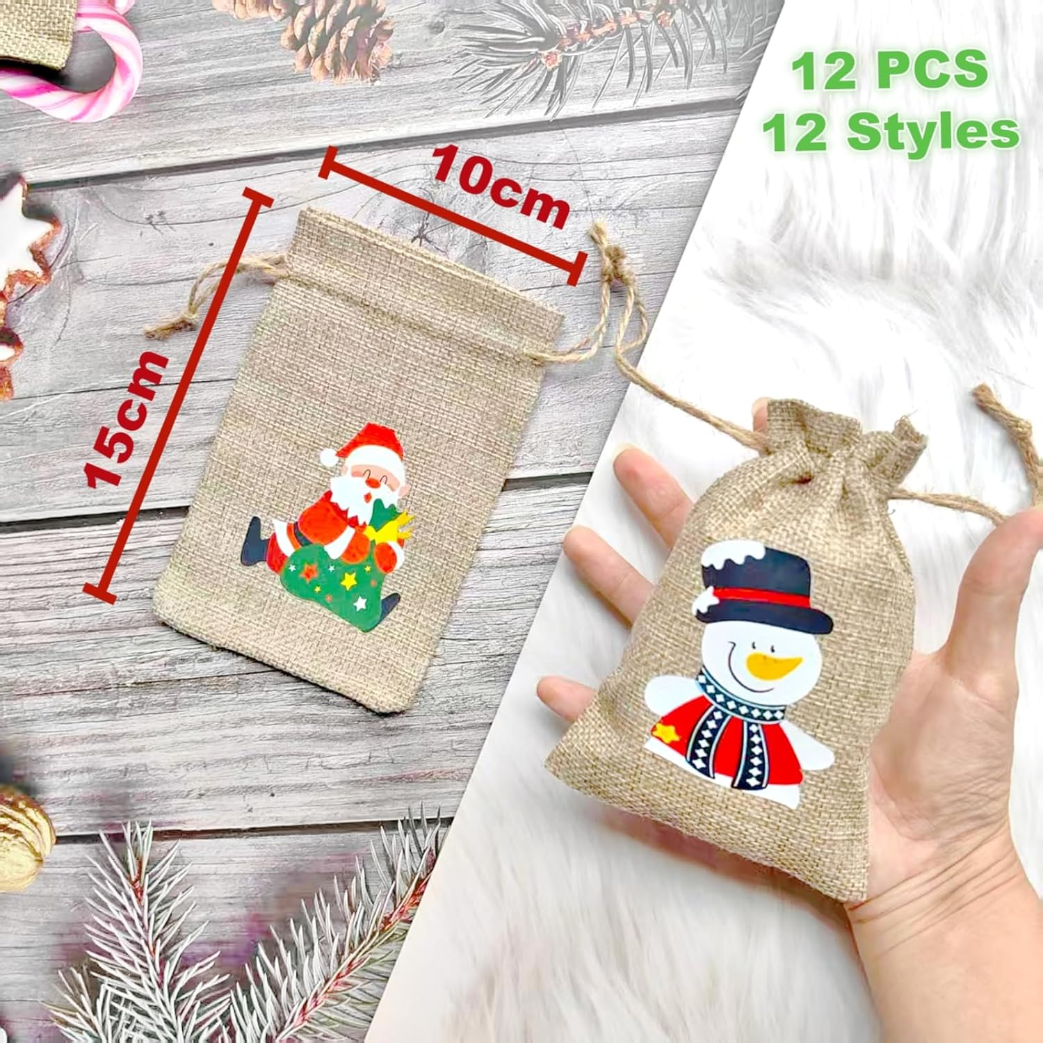 12 Pack Christmas Linen Bags, 10 X 15 Cm Bags, Candy Goodie Treat Bags, Drawstrings Burlap Bags for X&lsquo;Mas Party, Reusable Wrapping Bags (12 DESIGNS) image number 4