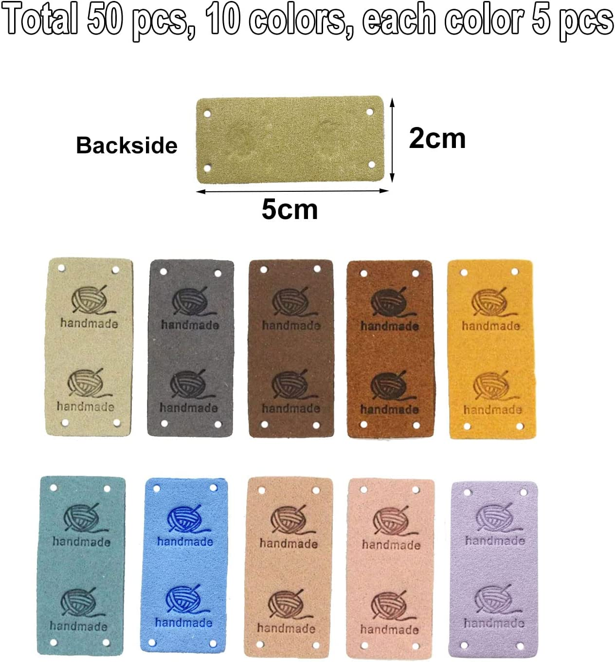 Gewene 50 Pcs Faux Leather Label Handmade Tag Label Folding Handmade Tags Button Holes Embossed Tag Embellishment Knit DIY Jeans Bags Shoes Hat Crafts, Knitting and Crocheting(Yarnball, 10 Colors) image number 2