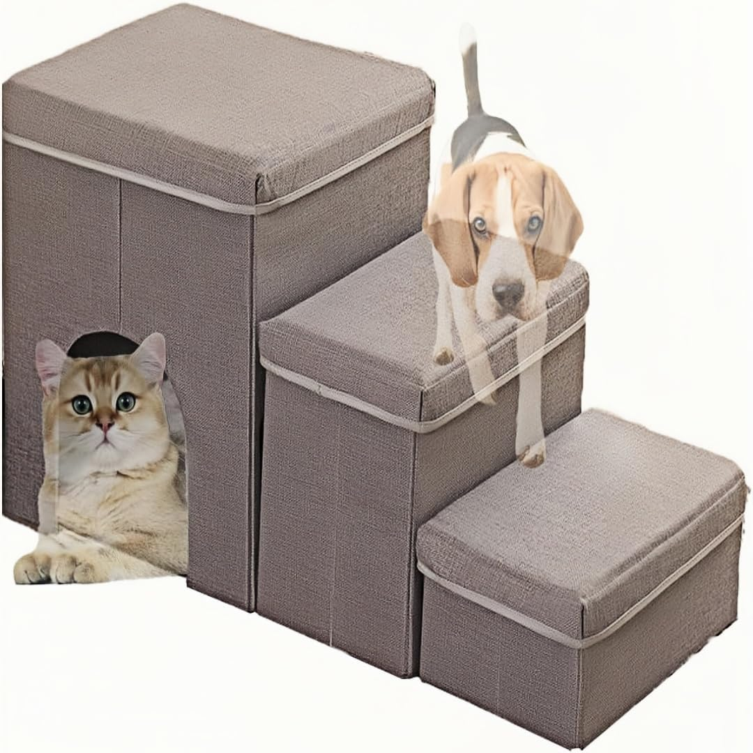 3-Step Storage Pet Stairs for Dogs & Cats | Heavy Duty Dog Stairs/Ramp with Storage House | Detachable & Washable Design | Small Pets | Brown | H:43CM image number 1
