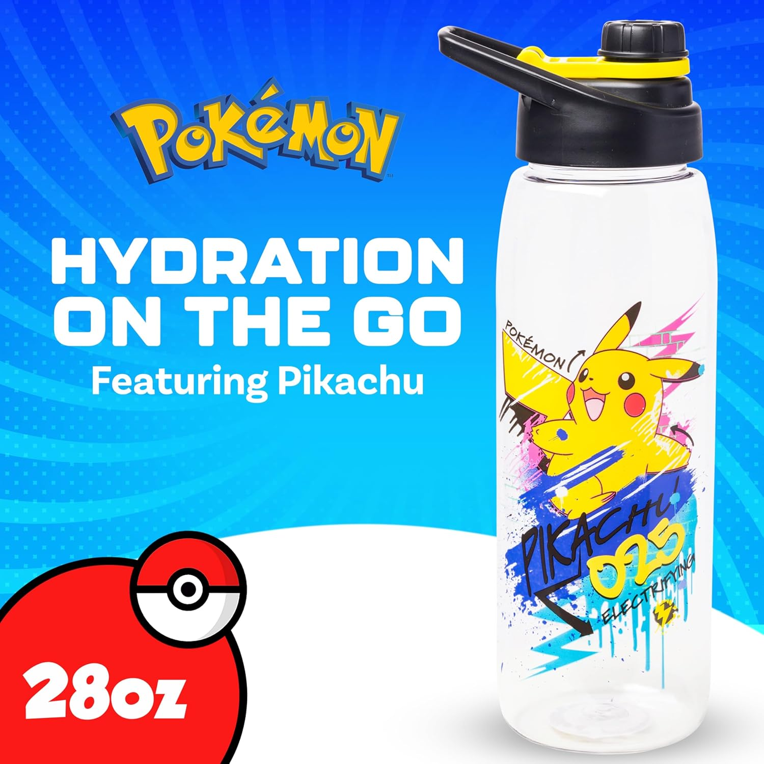 Silver Buffalo Pok&eacute;mon Skate Graffiti Electrifying Pikachu Water Bottle with Screw-On Lid, 28 Ounces image number 6