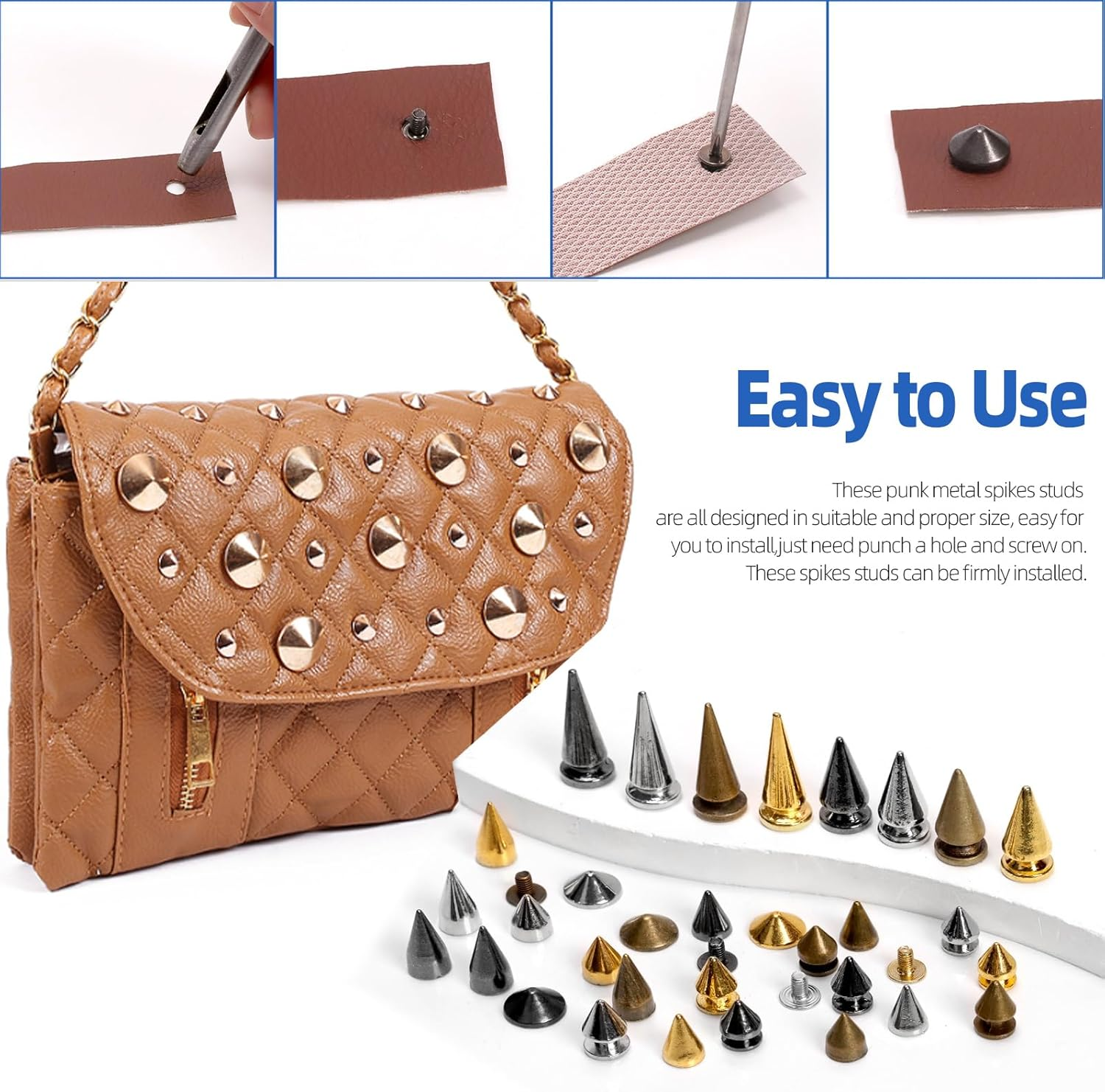 Glarks 355Pcs Silver Punk Spikes and Studs Kit, 7 Sizes Zinc Alloy Cone Spike and Stud Rivet, Metal Leather Tree Spikes Studs with Scratch Awl Screwdriver Punch for Punk Clothing Jacket Shoes Wallet image number 3