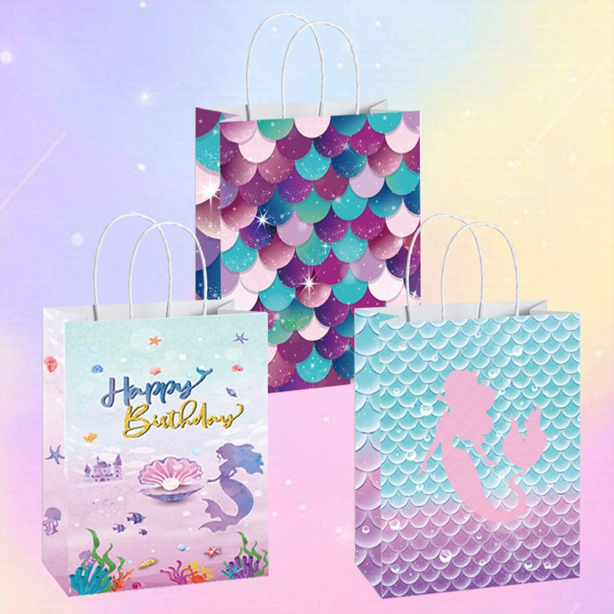 Dnvkict 24 Pack Mermaid Goodie Bags with Handles Candy Bags Mermaid Theme Party Bags Party Favor Treat Bags for Decorations (Fish Scale) image number 3