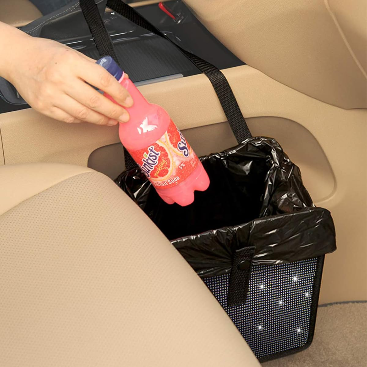 BELOMI Car Foldable Trash Can, Bling Rhinestone Crystal Auto Hanging Waterproof Leakproof Garbage Bin, Vehicle Waste Basket Dustbin, Multipurpose Car Organizer Accessories for SUV Truck RV (Black) - Black image number 5