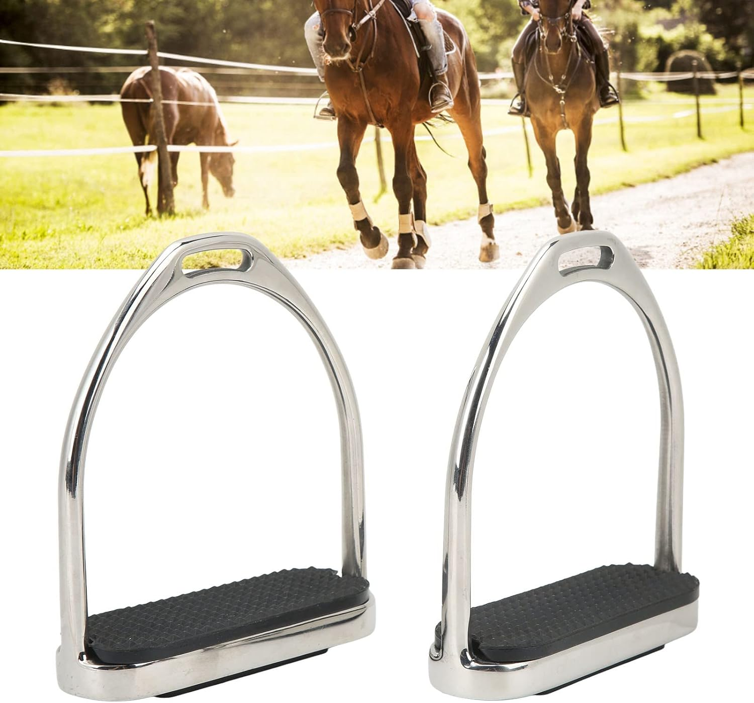 Horse Riding Stirrups, 1 Pair Stainless Steel English Riding Protection Stirrups with anti Skid Horse Pedal for Saddle, Multipurpose Horse Riding Safety Stirrups Equestrian Saddles Accessories image number 1