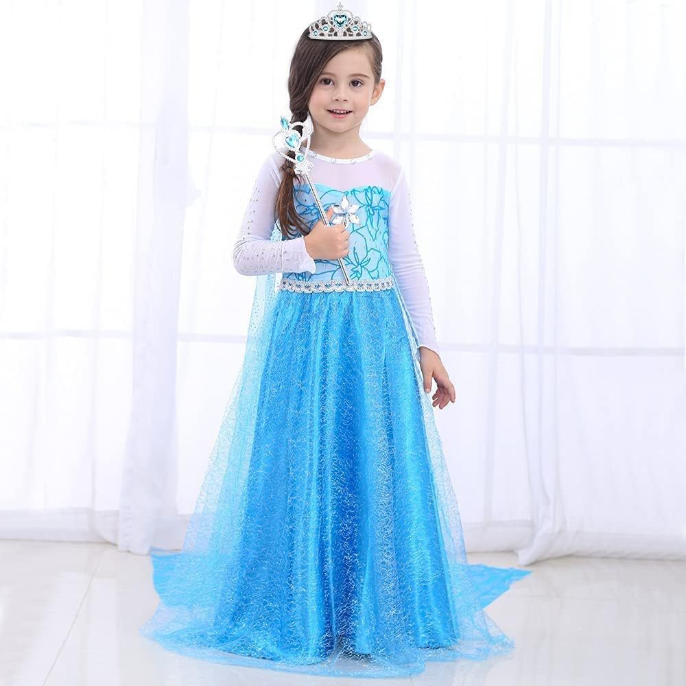 AUTOWT Girls Princess Dress Up, Sparkling Blue Princess Dress Set with Cape and Tiara, Glittery Ice-Themed Gown Fancy Party Costume for Birthday Children'S Day image number 1