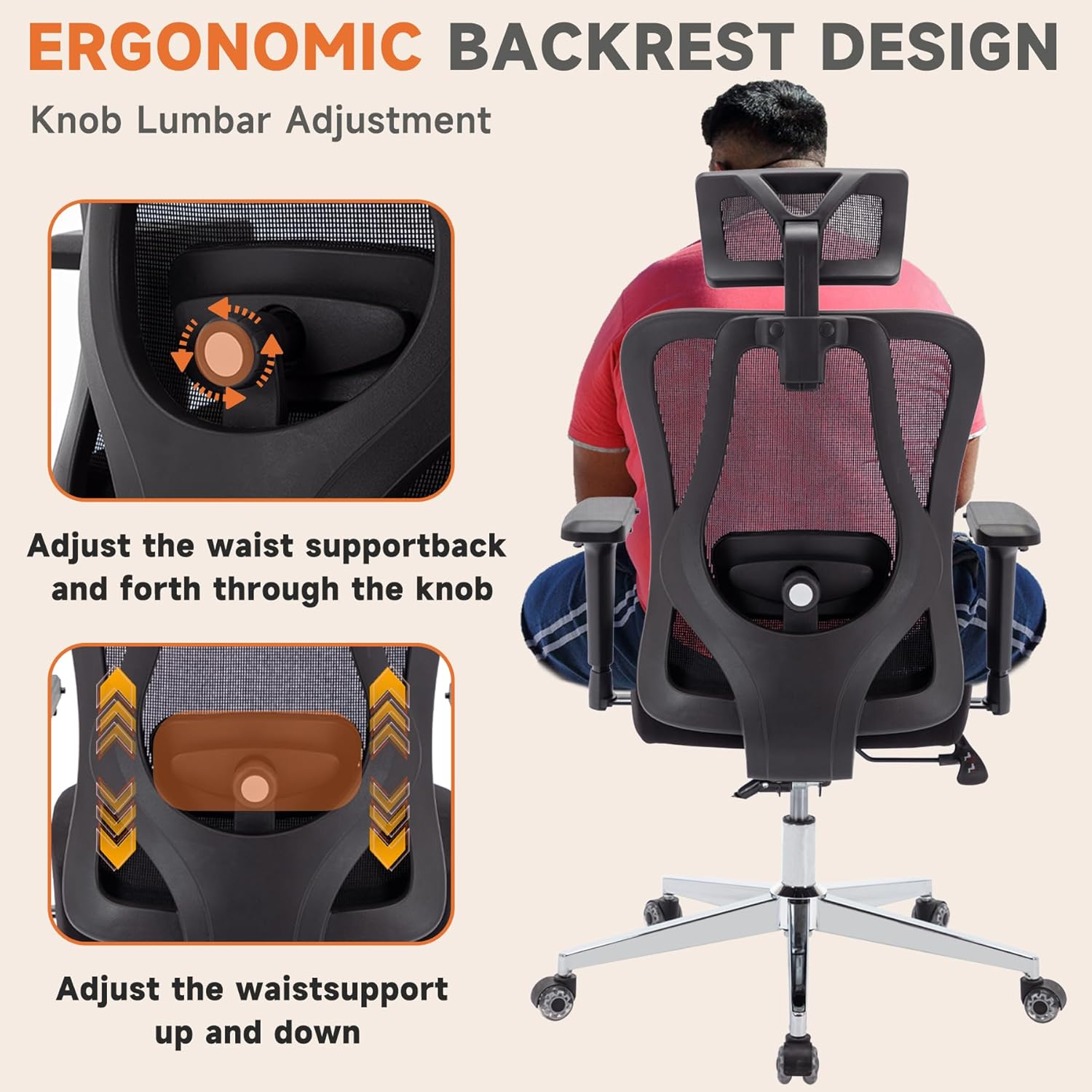 Ergonomic Office Chair,Computer Chair Big and Tall Computer Desk Chair with 4D Armrest,Heavy Duty Mesh Office Chair with Adjustable Lumbar Support with Upgraded Caster Wheels with Headrest