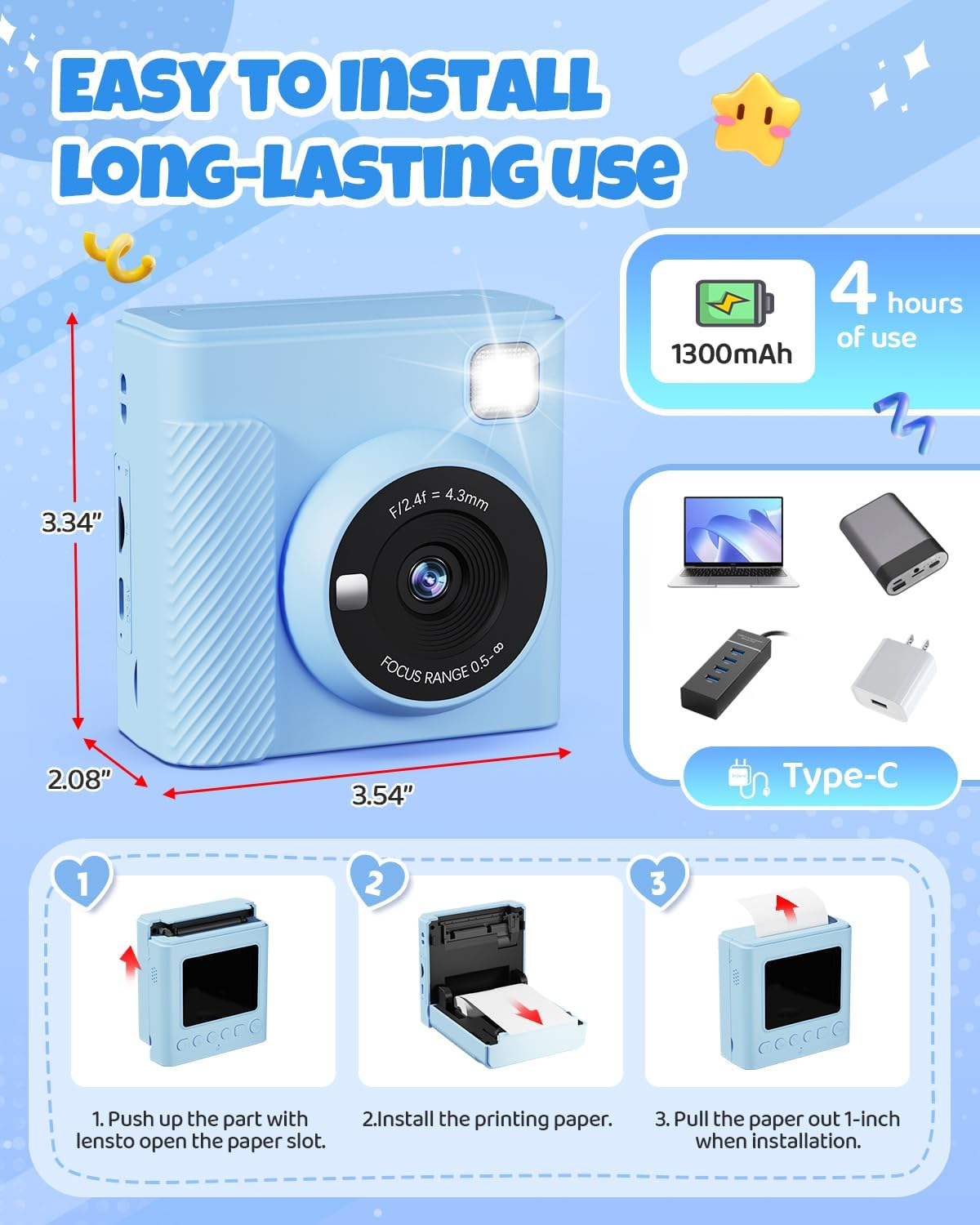 Kids Instant Print Camera, Christmas Birthday Gifts for Girls and Boys, 1080P HD Video Digital Kids Camera with Print Paper & 32G Card, Toddler Toy for 3-14 Years Old (Blue) image number 2