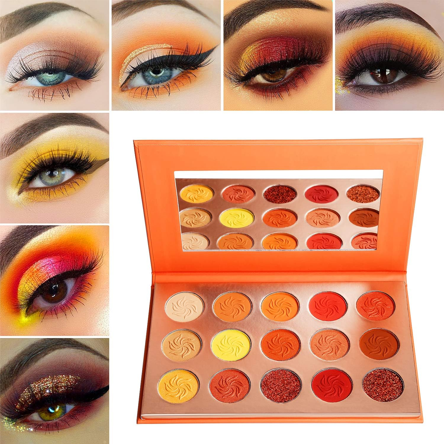 Red Eyeshadow Palette Matt Glitter, Afflano Coral Orange Red Eyeshadow Palette Highly Pigmented Waterproof, Nude Tones Earth Tones Rose Yellow Gold Warm Autumn Shimmer Glitter Eyeshadow Makeup Palette Set image number 6