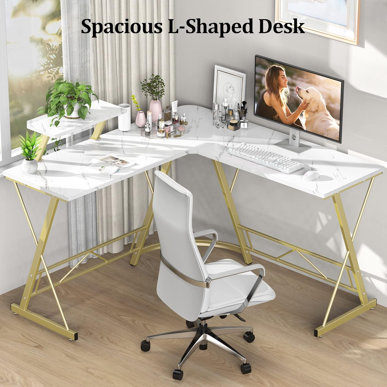 Mr Ironstone L Shaped Desk Computer Corner Desk, Home Gaming Desk, Office Writing Workstation with Large Monitor Stand, Easy to Assemble (White,51 Inch)