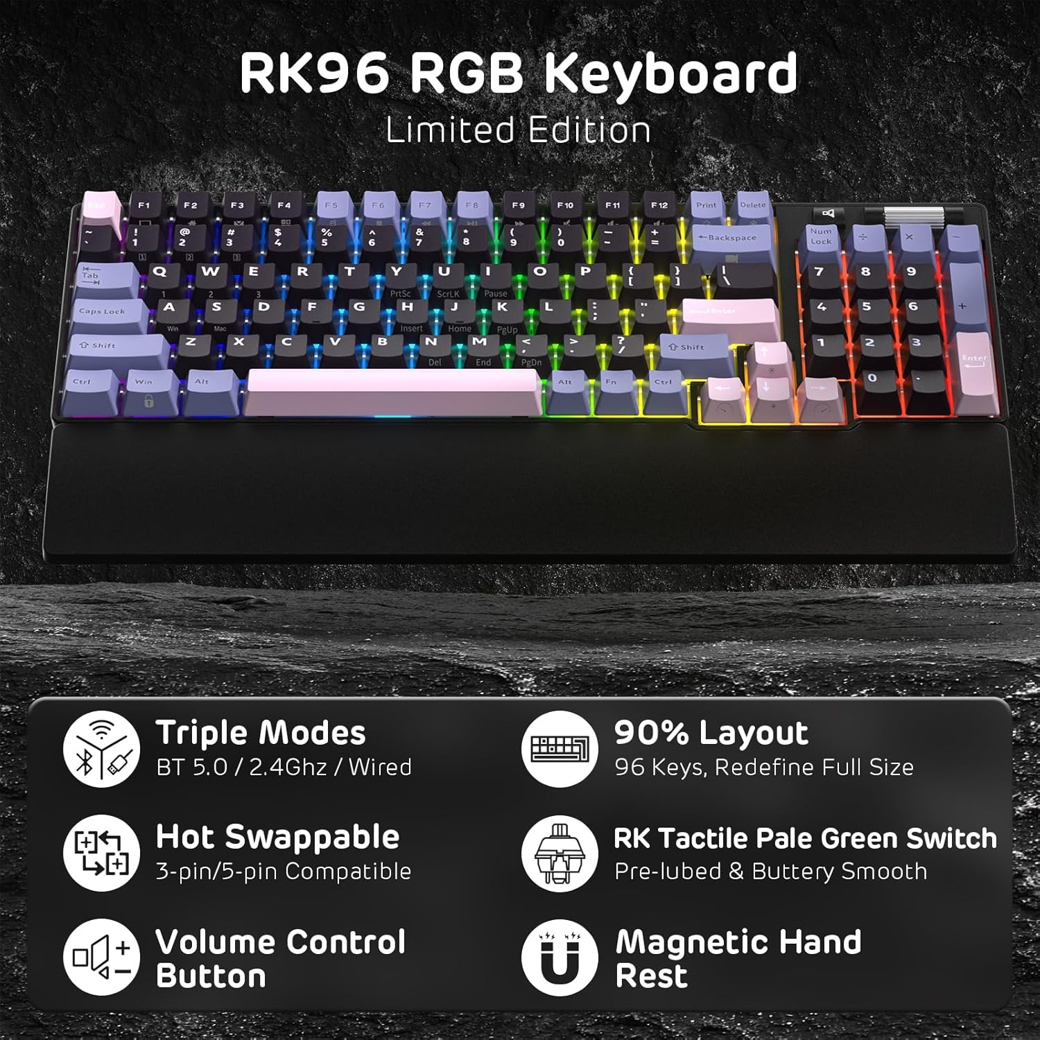 RK ROYAL KLUDGE RK96 RGB Limited Ed, 90% 96 Keys Wireless Triple Mode BT5.0/2.4G/USB-C Hot Swappable Mechanical Keyboard W/Wrist Rest, Software Support & Massive Battery, Tactile Pale Green Switches - Black  Pink image number 3