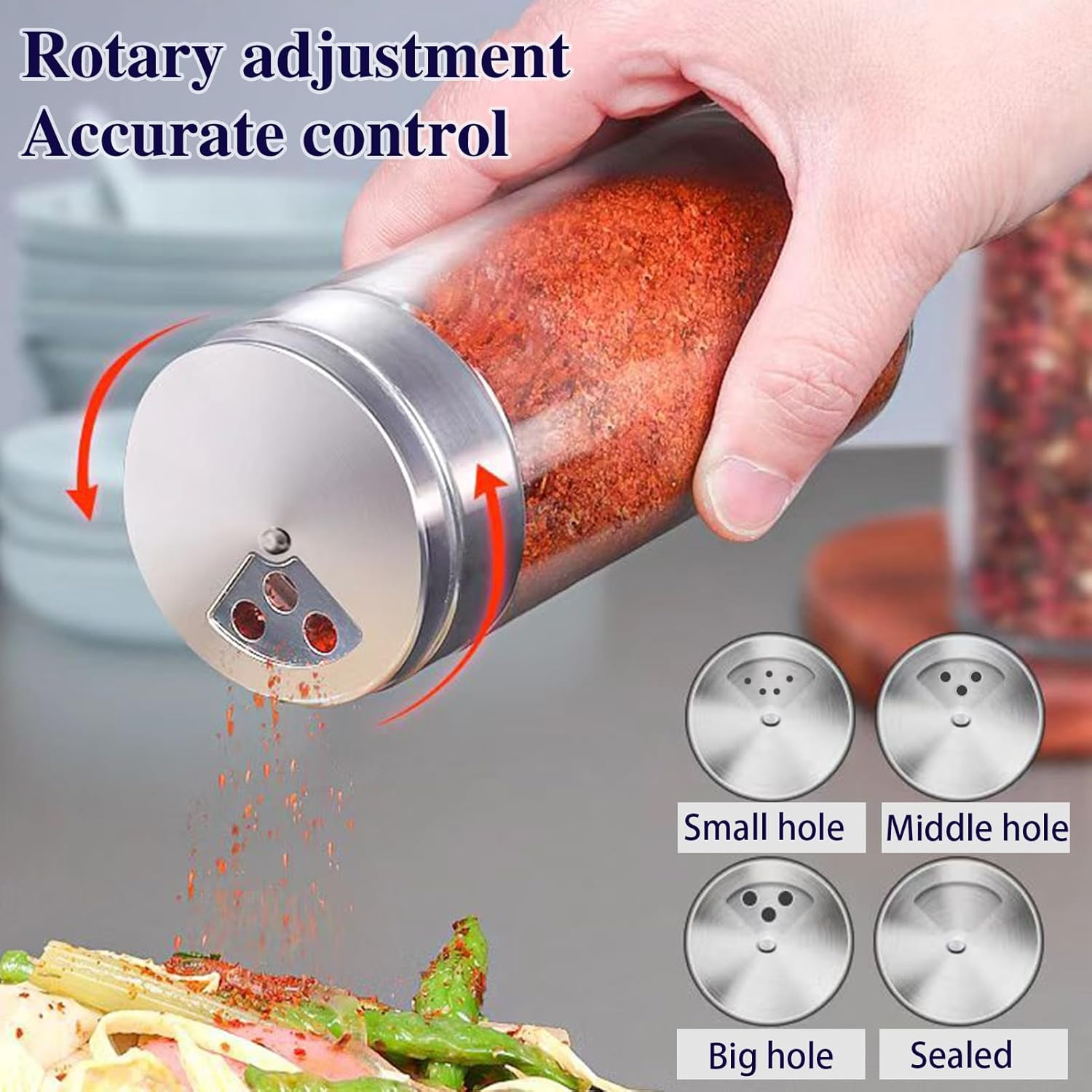 4Pcs Salt and Pepper Shakers Set, Salt Shaker and Pepper Shaker with Adjustable Pour Holes, Pepper and Salt Container with Stainless Steel Lid,Glass Salt and Pepper Shakers,Spice Shaker for Kitchen image number 4