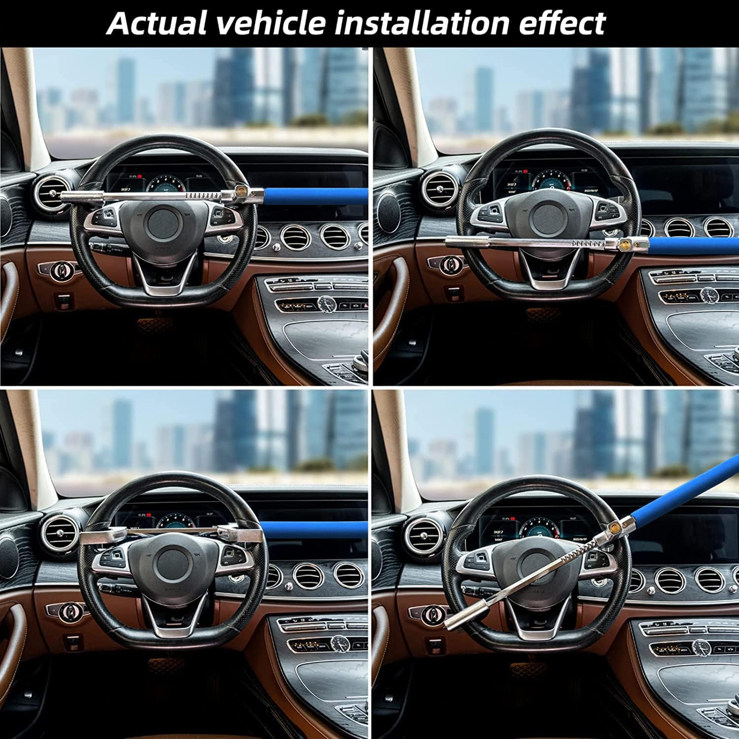 4-In-1 Steering Wheel Lock with Flashlight/Sos LED Ligth,Seat Belt Cutter,Escape Hammer,2 Keys Retractable Steering Lock,Vehicle Anti-Theft Lock，Universal for Auto/Truck/Suv/Van(Blue) image number 4