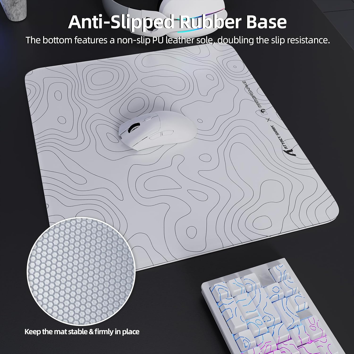 ATTACK SHARK CM05 Large Glass Gaming Mouse Pad - 450X400Mm Nano-Textured Glass for Precision & Speed, Anti-Slip PU Base, 9H Hardness, Smooth & Durable - Suit for Precision Gaming Mice - White Contour image number 5