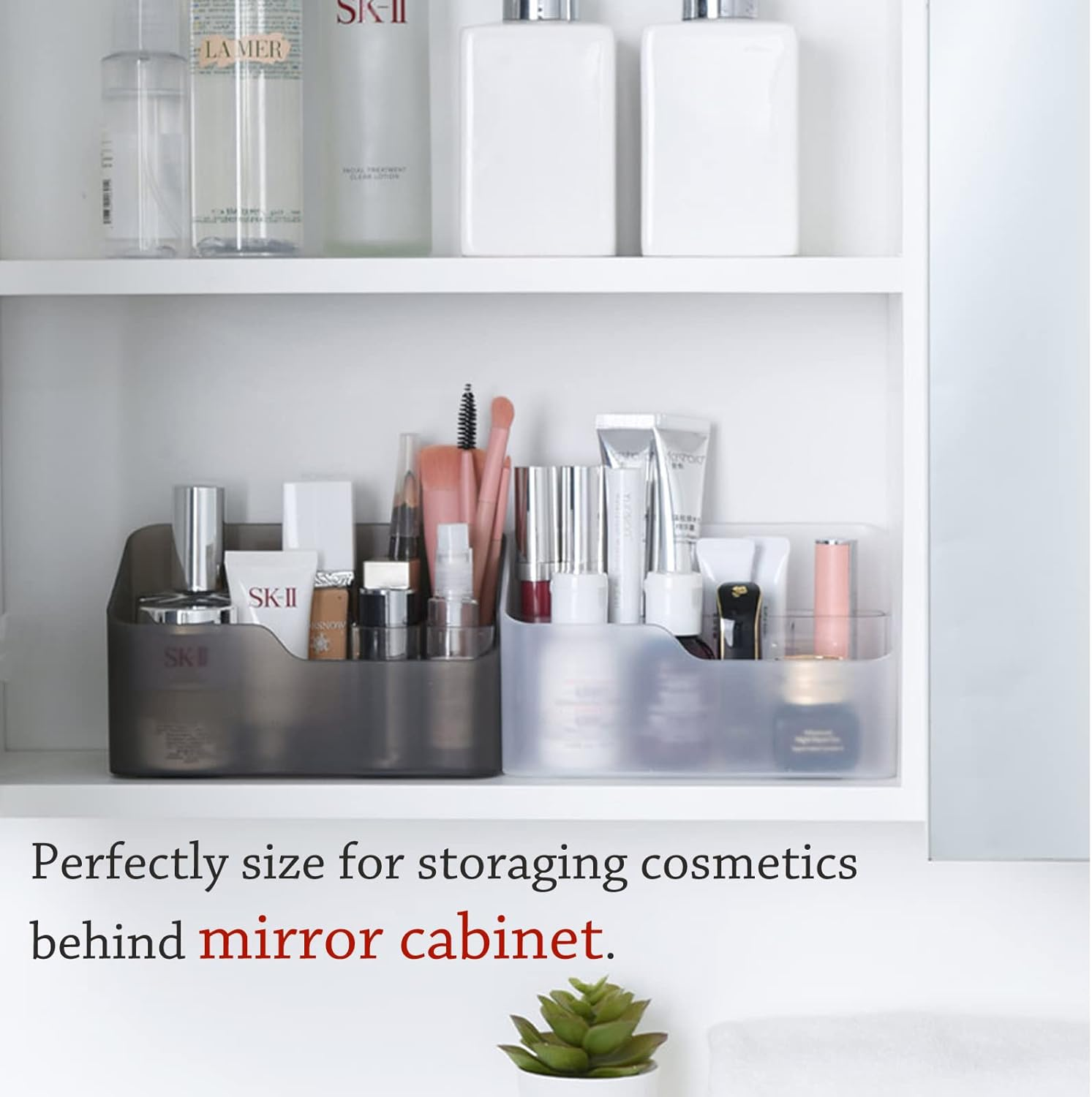 Ailelan Cosmetics Organiser, 2 Pack Makeup Organiser Storage Box with Detachable Makeup Brush Holder, Waterproof Makeup Storage Box Vanity Organiser for Bathroom Mirror Cabinet Desk Office Organize image number 1