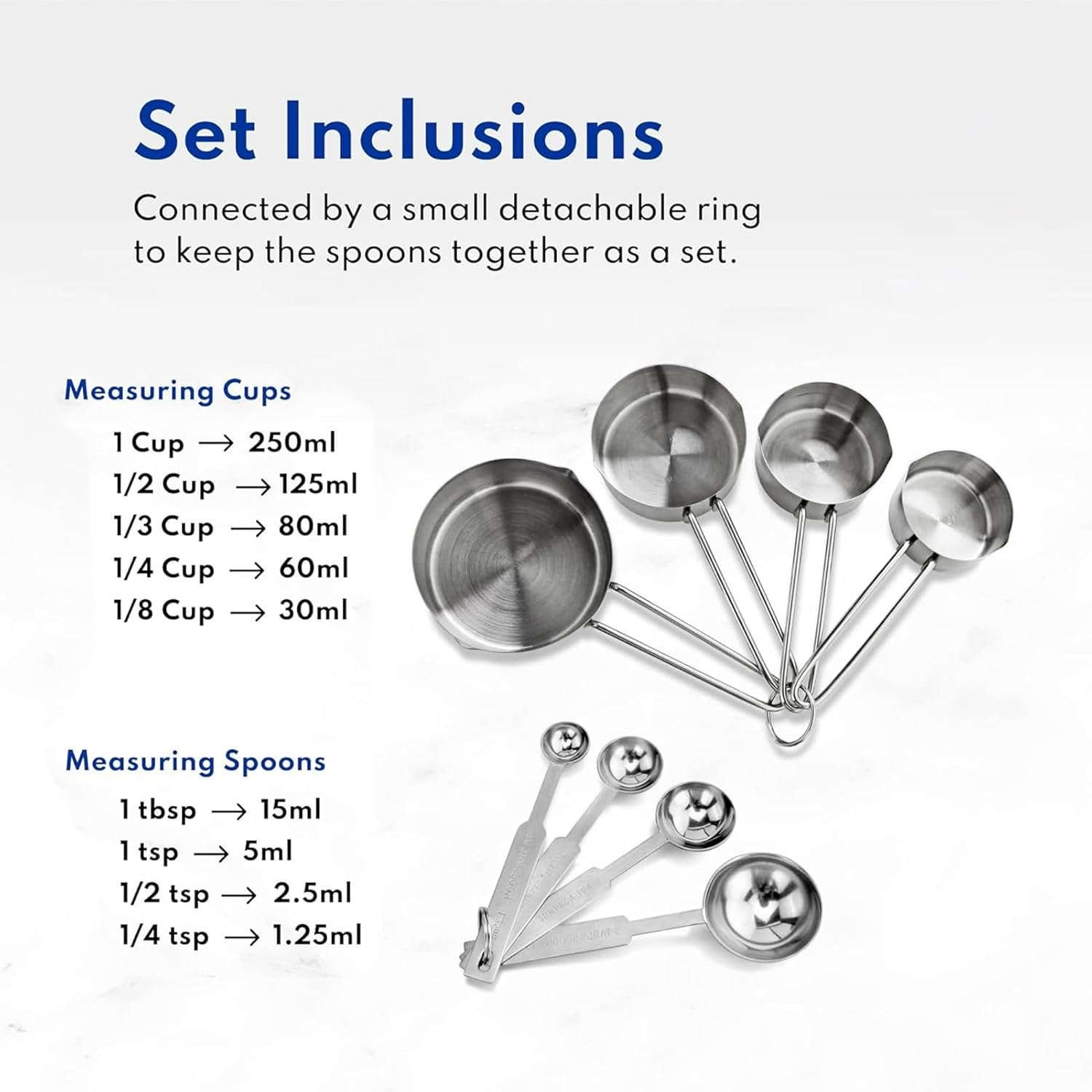 8 Piece Stainless Steel Measuring Spoons and Cups Combo,Stackable Tablespoons Measuring Set Kitchen Gadgets Measuring Cups, Measuring Spoons, Leveler for Cooking & Baking image number 6