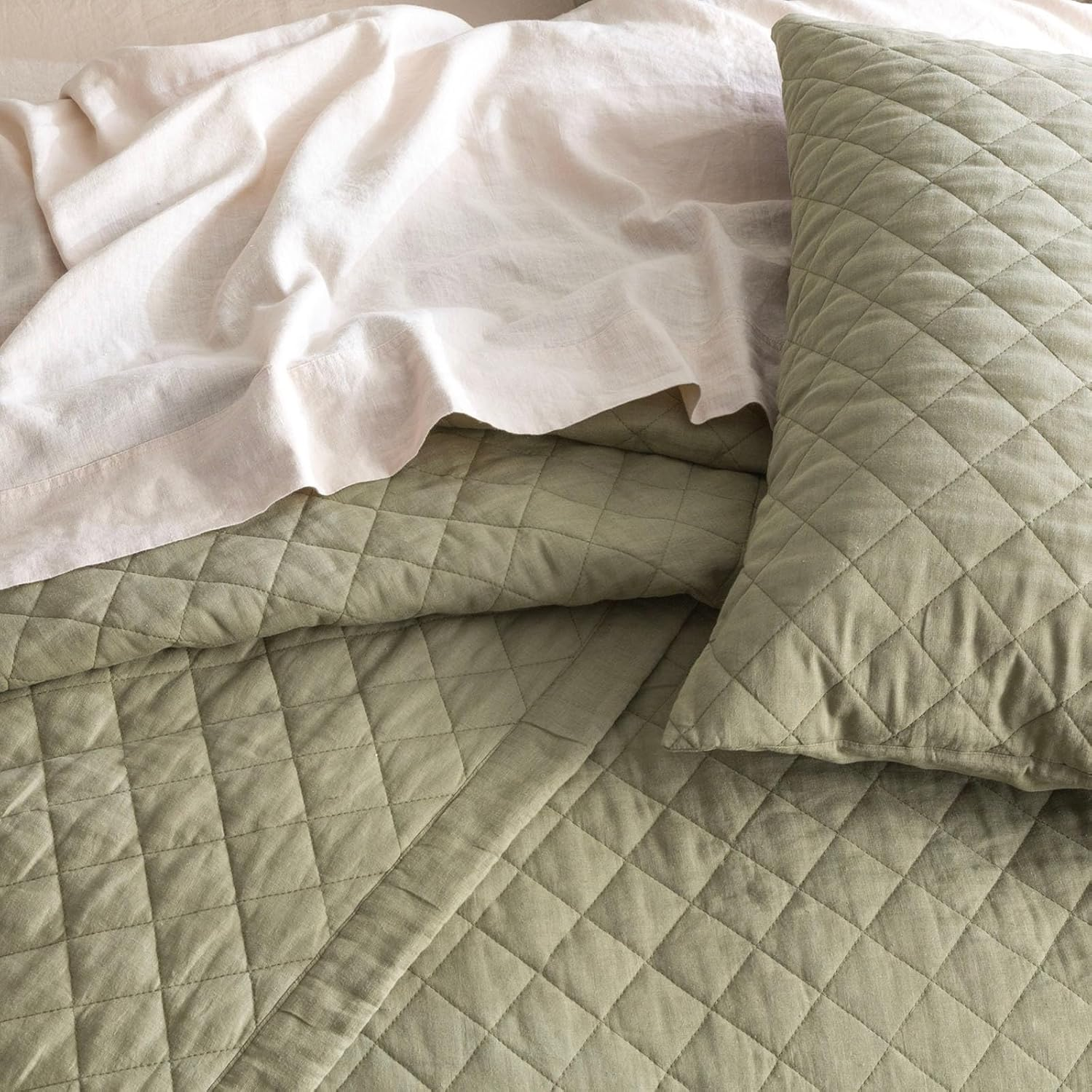 Renee Taylor Cavallo Stone Washed French Linen Quilted Bed Coverlet Set, Super King, Jade image number 2