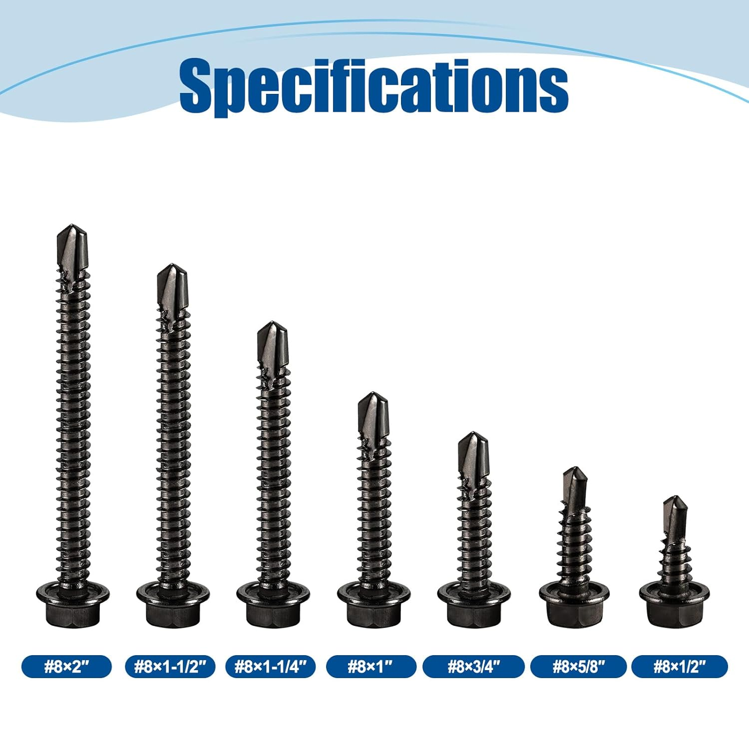 #8&times;1-1/4&Prime; (100Pcs) 410 Stainless Steel Black Self Drilling Screws, Hex Washer Head Fast Self Tapping Screws image number 5