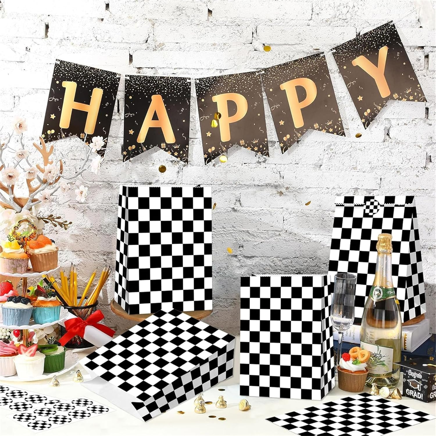24 Pack Race Car Party Favor Bags with Stickers Race Car Goodie Bags Black and White Checkered Gift Bags Racing Birthday Party Bags Checkered Flag Party Supplies