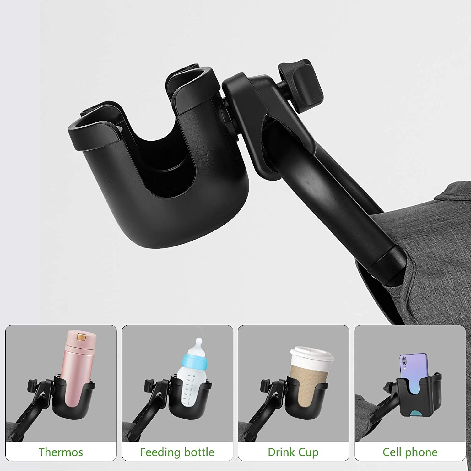 Universal Stroller Cup Holder, 2 in 1 Drink Holder with Phone Holder for Uppababy, Nuna,Buggy Pushchair, Wheelchair, Walker, Bike, Scooter(Black) image number 4
