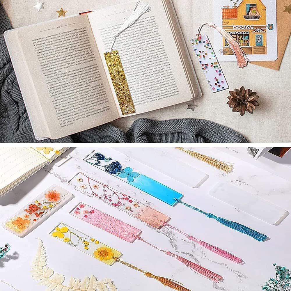 12Pcs Bookmark Mold with Tassels, Betterjonny 2 Sizes Silicone Rectangle Mold with 100Pcs Colorful Tassels DIY Resin Bookmark Molds for Jewelry Craft Key Chain image number 1