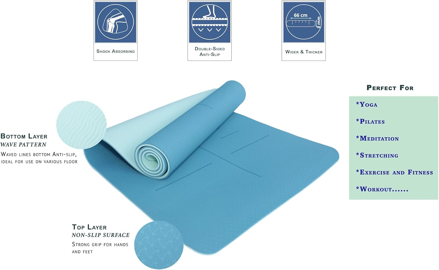 Eco Friendly TPE Yoga Mat with Strap - 1830 X 660Mm Large & Wide, 8Mm Extra Thick, Premium High Density Non Slip Double Layer Mat with Alignment Lines for Women & Men, Yoga, Pilates, Fitness - Peach Nectar image number 4