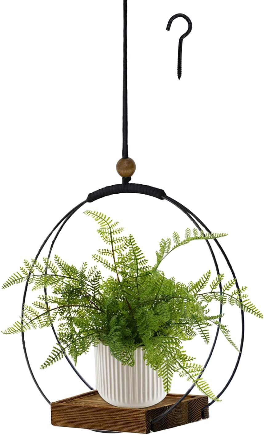 Hanging Planter for Indoor Plants, Black Plant Hanger Indoor with Sturdy Wood Base, Modern Boho Macrame Plant Hanger, Hanging Wall Ceiling Window Home Decor (Plants/Pots Not Included) image number 4