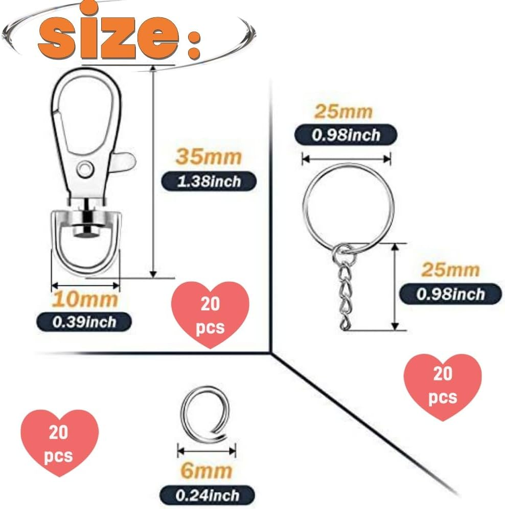 20PCS Detachable Swivel Lobster Clasp Clips Hook Alloy Key Ring Split Keychain Durable DIY for Key Split Ring （Silver）
