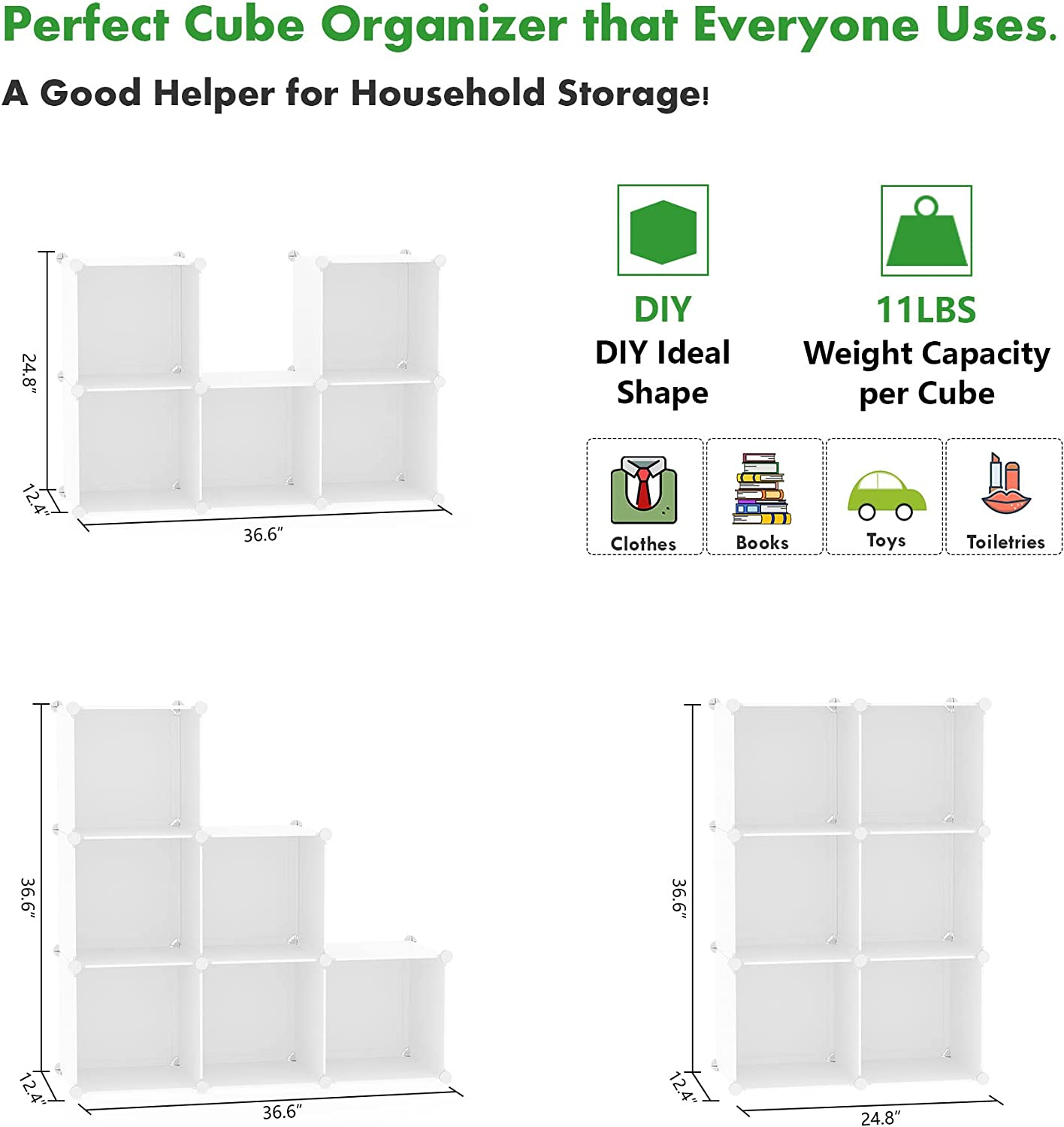 C&AHOME Cube Storage Organizer, 6-Cube Shelves Units, Closet Cabinet, DIY Plastic Modular Book Shelf, Ideal for Bedroom, Living Room, Office, 36.6" L X 12.4" W X 36.6" H Milky UPCS06M - White image number 2