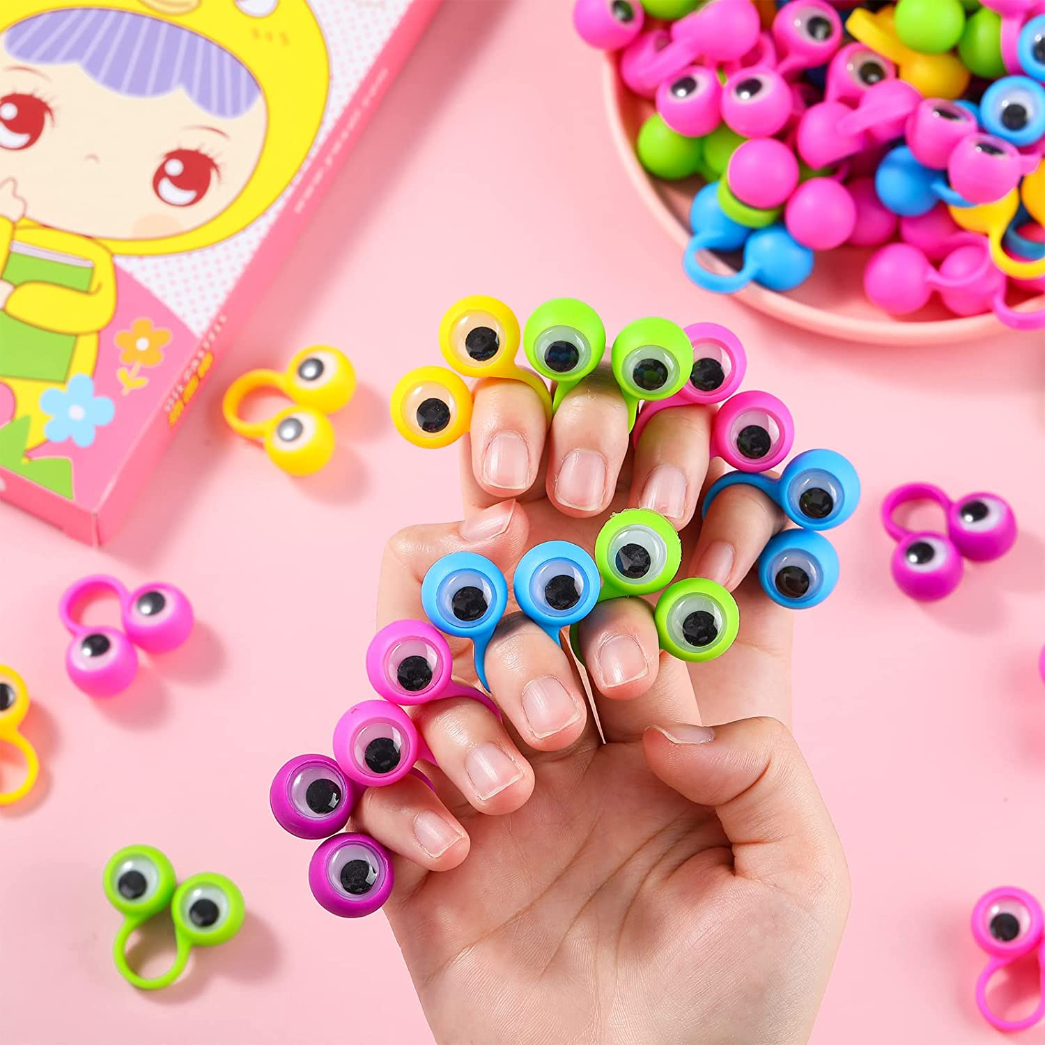 Sratte 240 Pcs Eye Finger Puppets Googly Eye Wiggly Eyeball Ring Finger Toys Plastic Googly Eye Rings Party Favor for Little Teens Classroom Exchange and Prize Supplies, 5 Random Colors image number 3