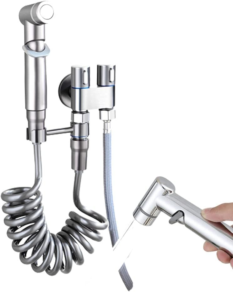 1-In-2-Out Dual Control Valve, 2023 New Double Control Mini Shower, 6.5 Feet Extra Long Hose High Pressure Bathroom Faucet Kit for Bidet and Shower (Silver Dual Control Valve Set)