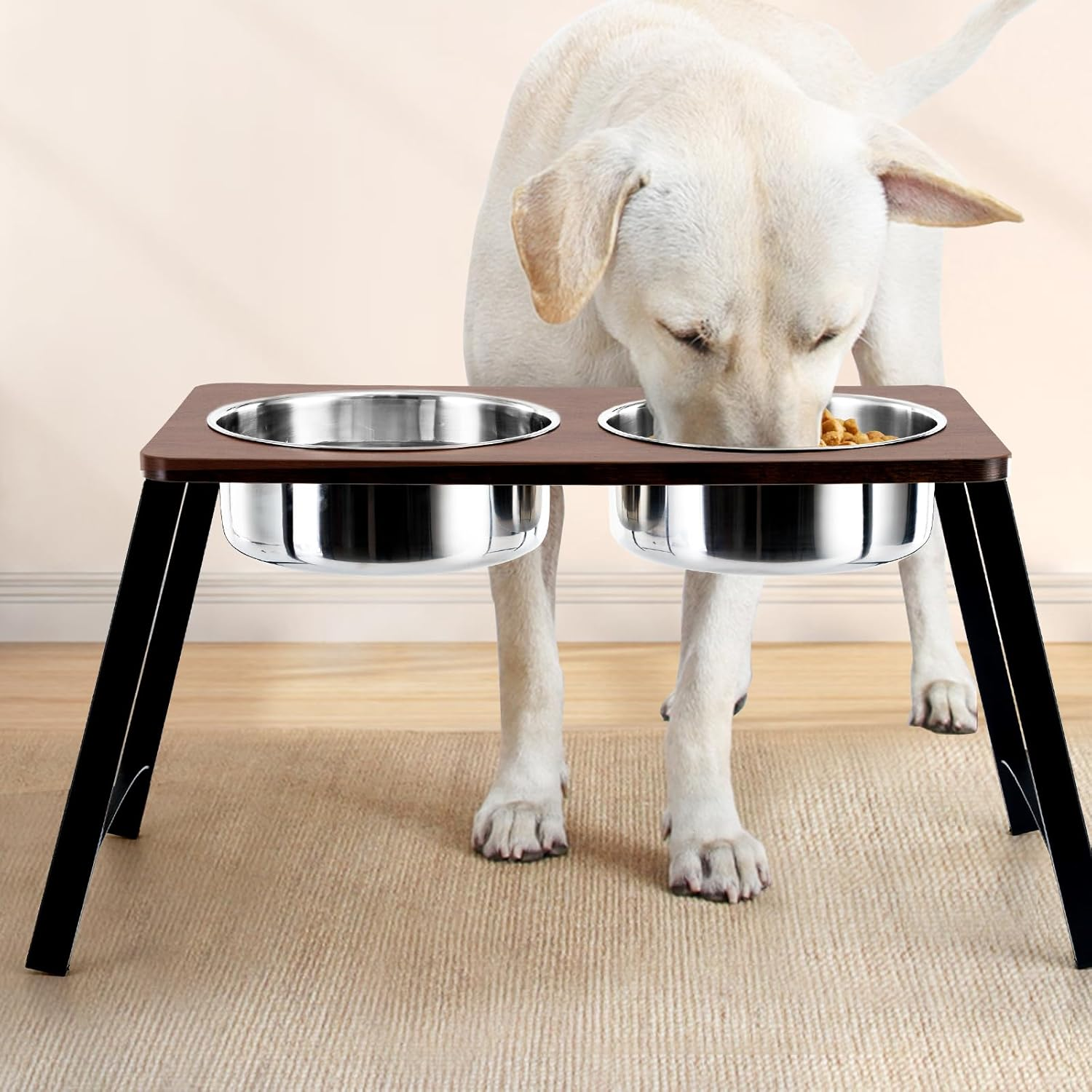 Elevated Dog Bowls for Medium and Large Dogs Wood Raised Bowl Stand with Two 1700ML (58Oz) Stainless Steel Dog Food and Water Bowls,Non-Slip image number 1