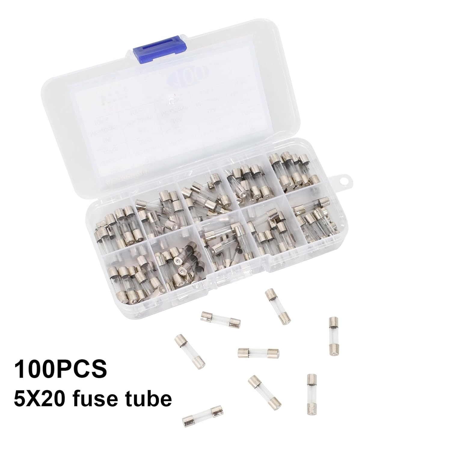 100 Pack 10 Values Fast-Blow Glass Fuse Assortment Kit, 250V 0.2A 0.5A 1A 2A 3A 5A 6A 8A 10A 15A Tube Fuses Mini Fuse, 5X20Mm Fuse, Packag in a Clear Plastic Box image number 4