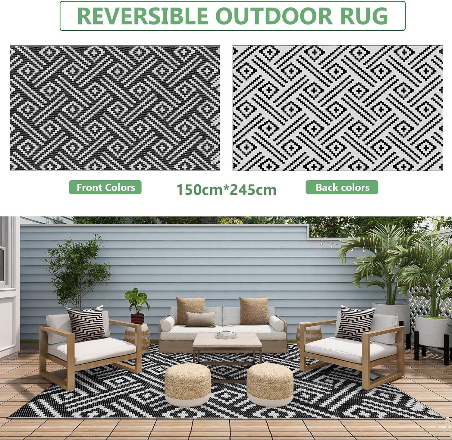 Geometric Extra Large Outdoor Rug(150X245Cm) - Reversible Portable Outdoor Plastic Straw Rug, Porch Rug, Waterproof Mat for Rv, Deck, Camping, Balcony, Patio (Geometric) image number 1