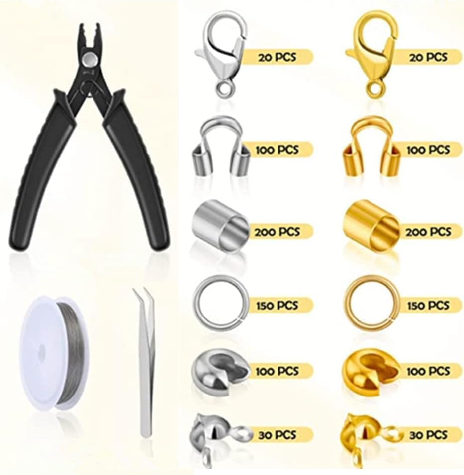 1200 Pcs Crimp Beads Kit for Jewelry Making Crimp Beads Crimp Covers Crimp Tubes and Wire Guardians Lobster Clasps Jump Rings Crimping Pliers and Beading Wire for Jewelry Making image number 6